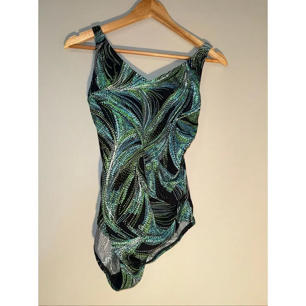 Speedo Women's Size 12 One Piece Swimsuit Black Blue Green Abstract Dot Firework